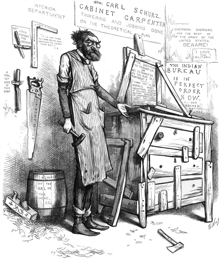 U.S. Secretary of the Interior Carl Schurz, as a carpenter, indicates the Indian "Bureau" he has constructed. It seems a rather rickety construction job. Around are posted various notices about the work and tools which punningly reference activities in the Bureau.