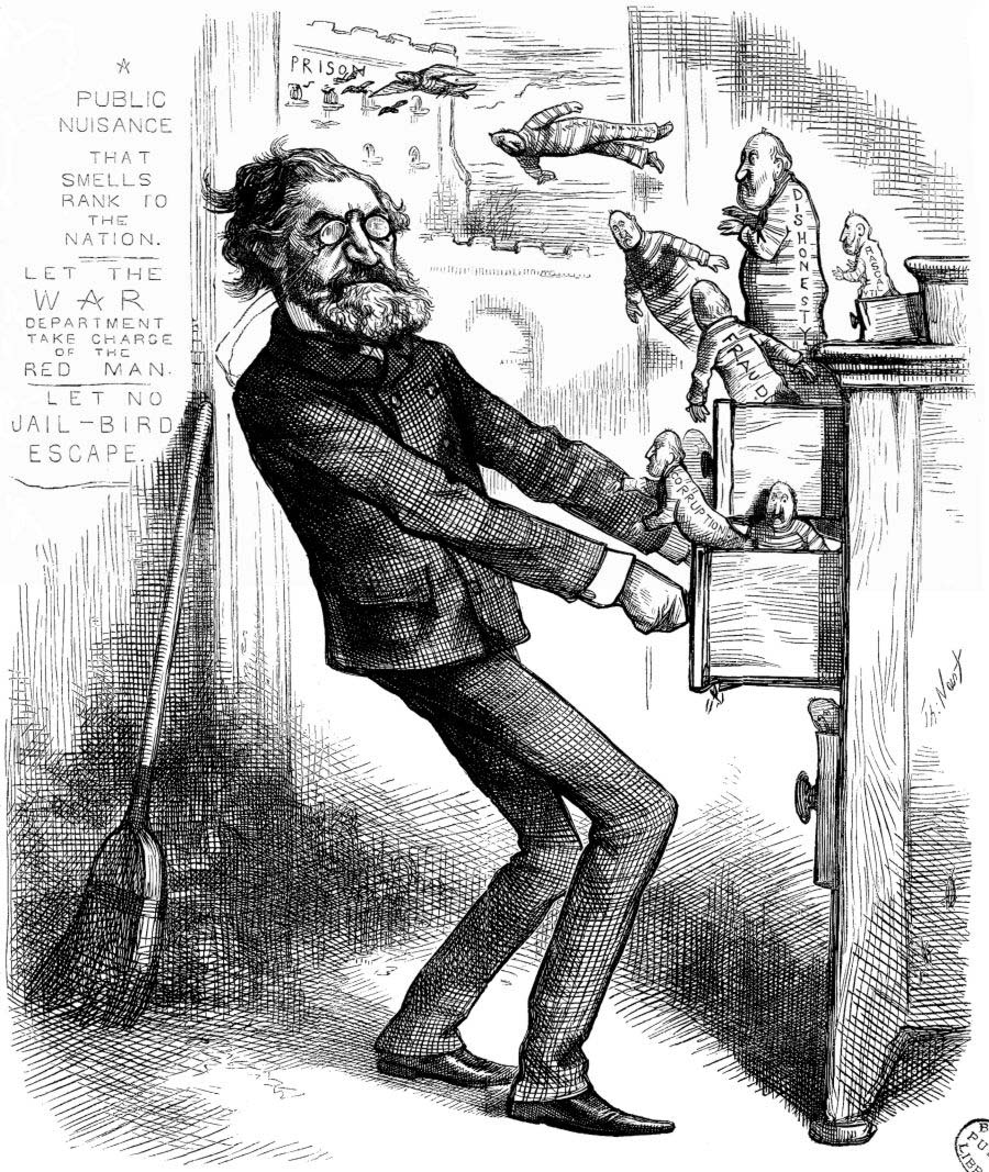 Secretary of the Interior Carl Schurz cleans out the Indian Bureau at the Department of the Interior.