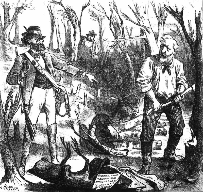  Carl Schurz dressed as a forest warden points accusingly at James Blaine who is chopping down a tree.