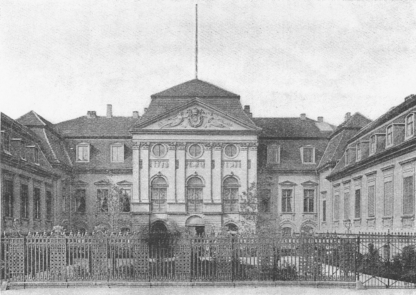 Black and white photograph of a frontal view of Chancellor Bismarck's Palace (Reichskanzlei) on the Wilhelmstrasse in Berlin, 1878?.