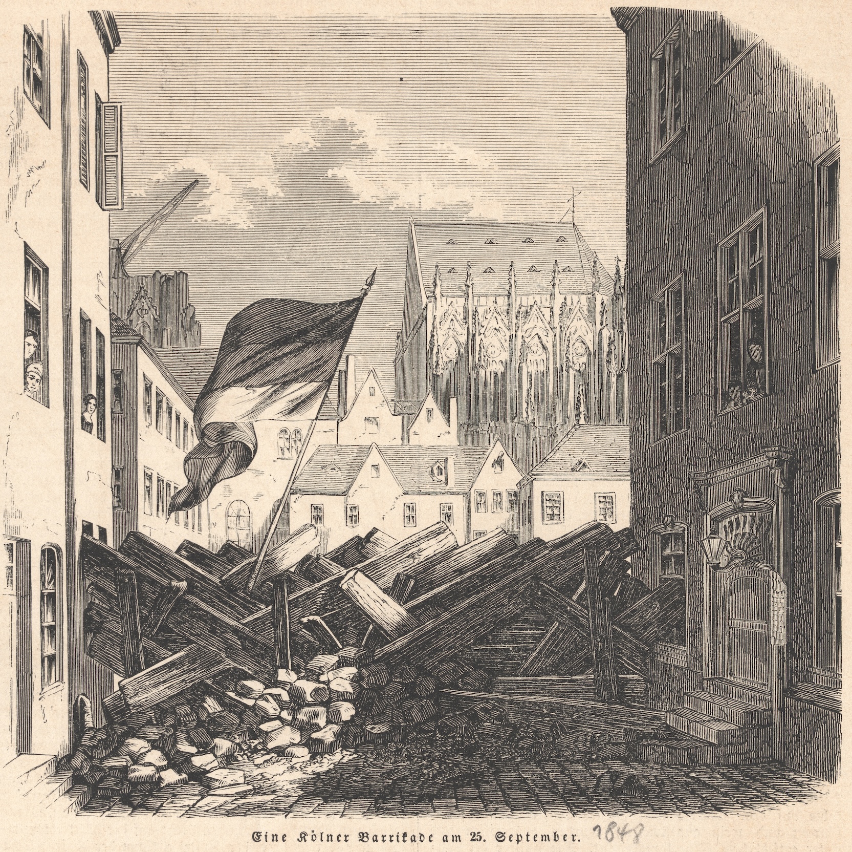 Stich einer Barrikade in der Kölner Innenstadt am 25.09.1848. Im Hintergrund der Kölner Dom