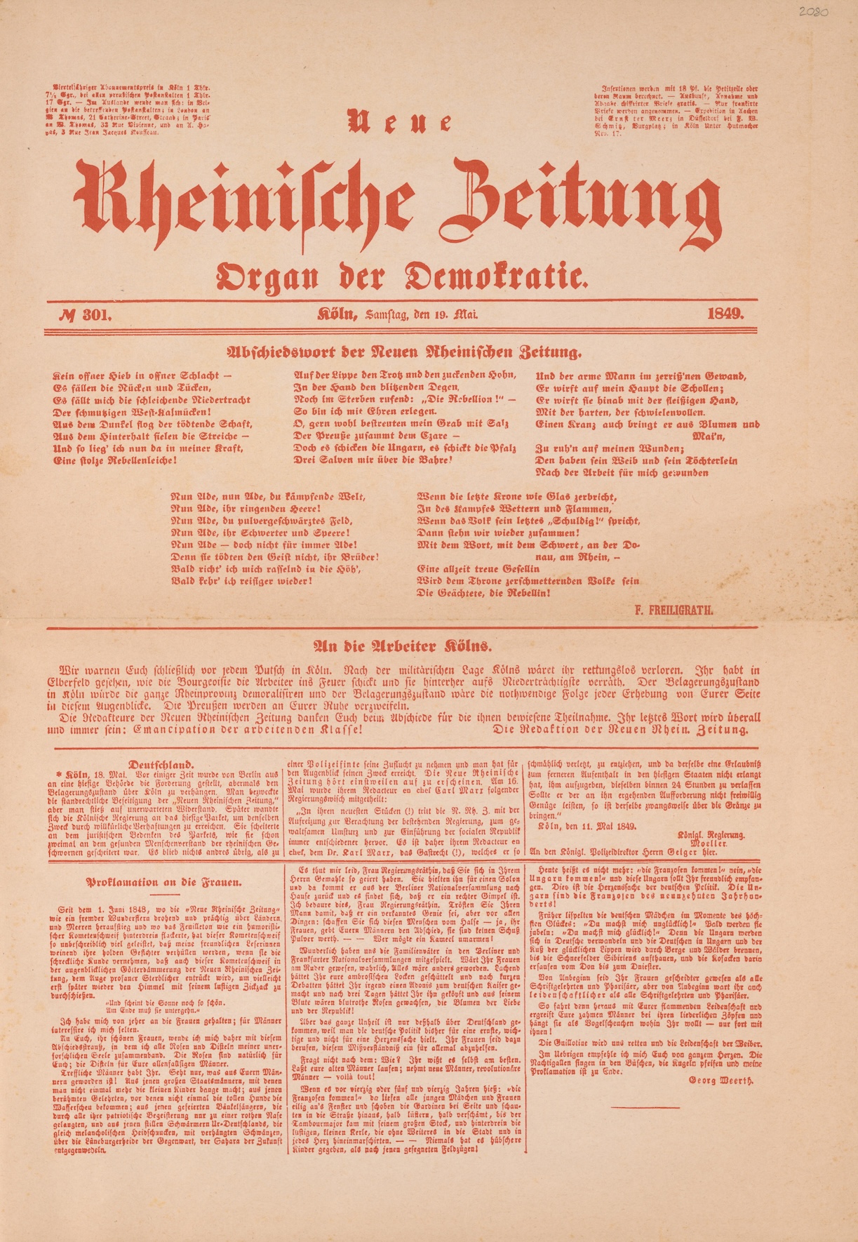 Neue Rheinische Zeitung. Organ der Demokratie. Nr. 301. Köln, Samstag den 19. Mai 1849