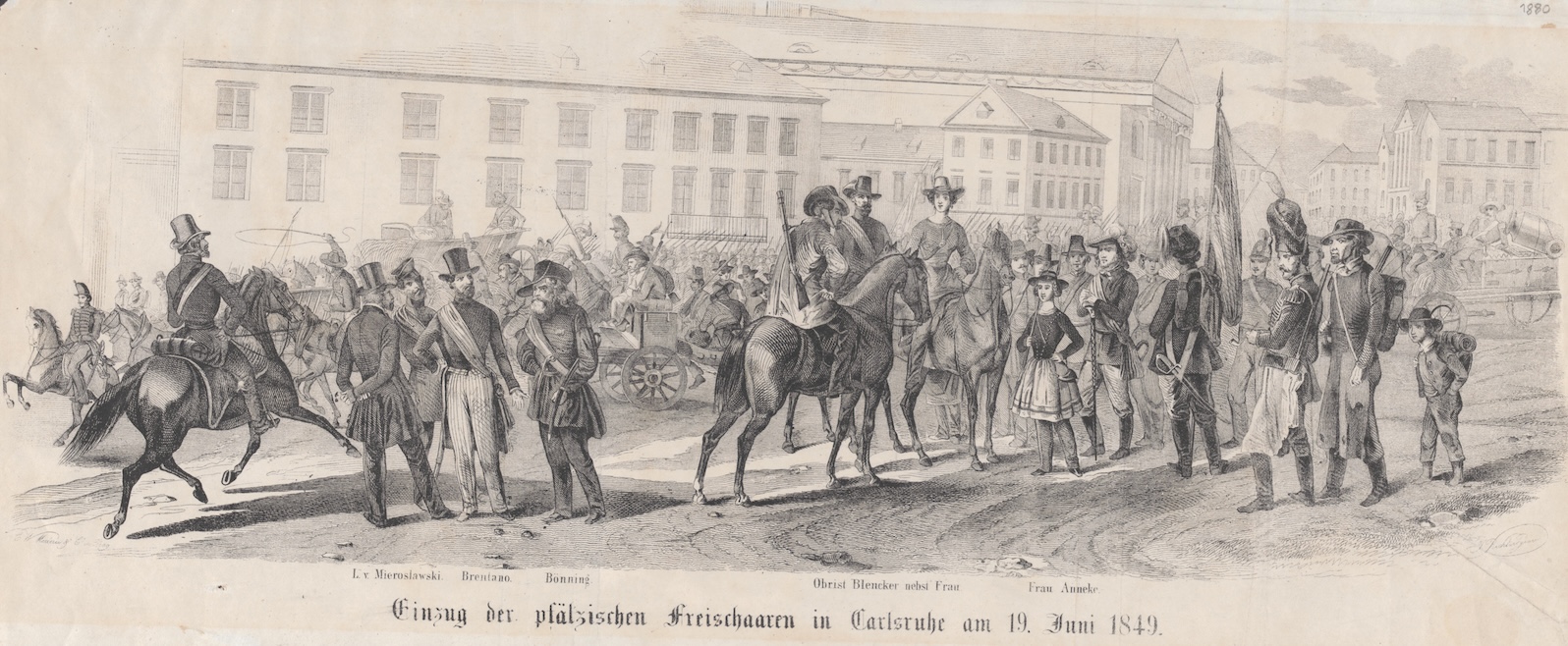 "Einzug der pfälzischen Freischaaren in Carlsruhe am 19. Juni 1849.", von: J. Richter, Prag, 1849. Rechts Mathilde Franziska Anneke