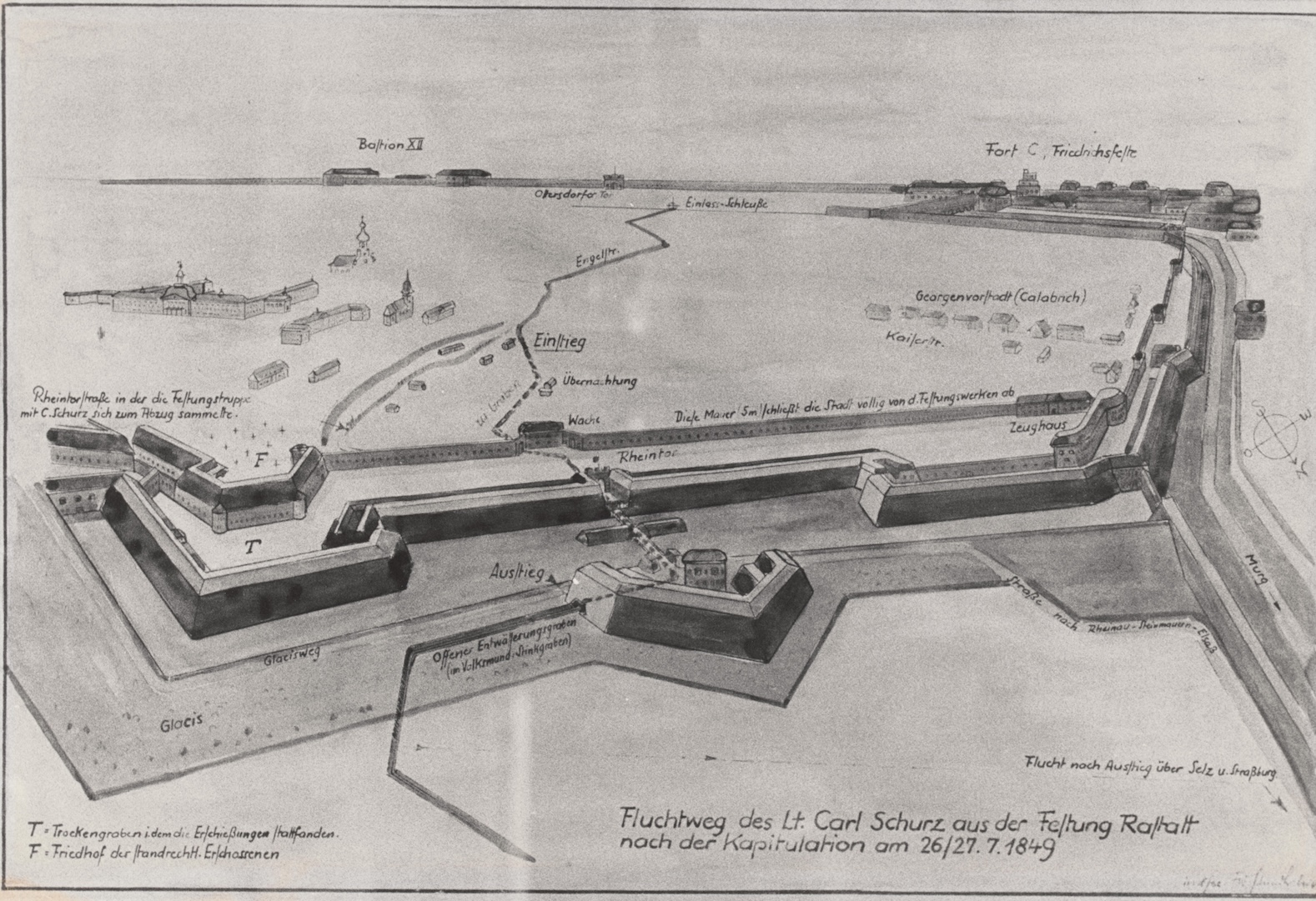 Zeichnung der Festung Rastatt und Fluchtweg des Lt. Carl Schurz aus der Festung Rastatt nach der Kapitulation am 26./27.07.1849