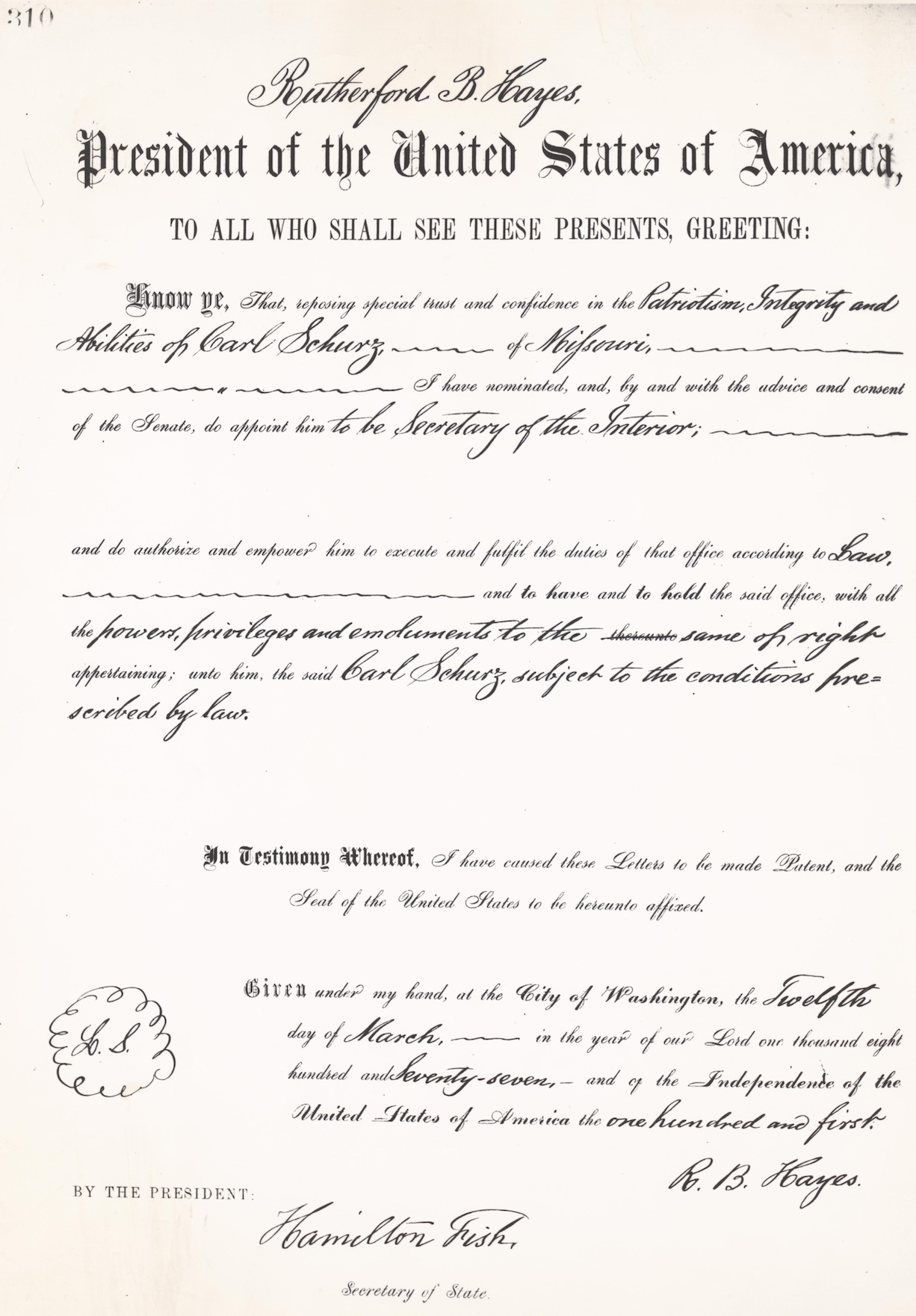 Carl Schurz' Ernennungsurkunde als Innenminister der USA (Kopie), 12.03.1877