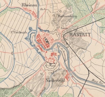 Landkarte von Rastatt und Umgebung: "Plan des environs de Rastatt", ca. 1888